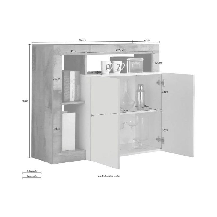 Buffet HAMBURG – Blanc laqué brillant / Chêne Cadiz Buffet HAMBURG – Blanc laqué brillant / Chêne Cadiz